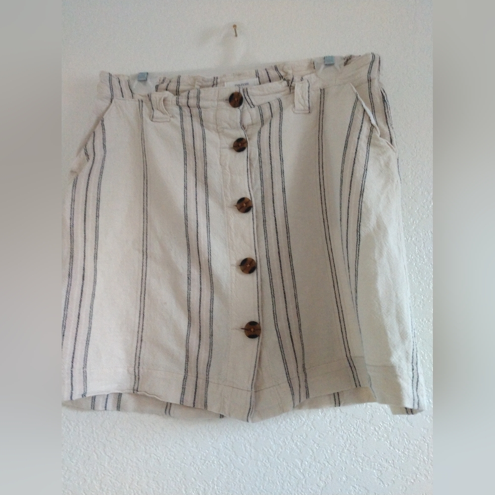 Linen Blend Mini Skirt FLAW Beige Black Striped Summer Button Front 6